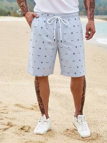 Manfinity RSRT 男士夏季休闲印花抽绳腰沙滩短裤 - 霧霾藍 - 查看 5