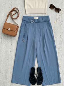 Pantalones Elegantes de Pierna Ancha para Mujer con Panel Elástico en la Cintura Trasera - azul - Ver 4