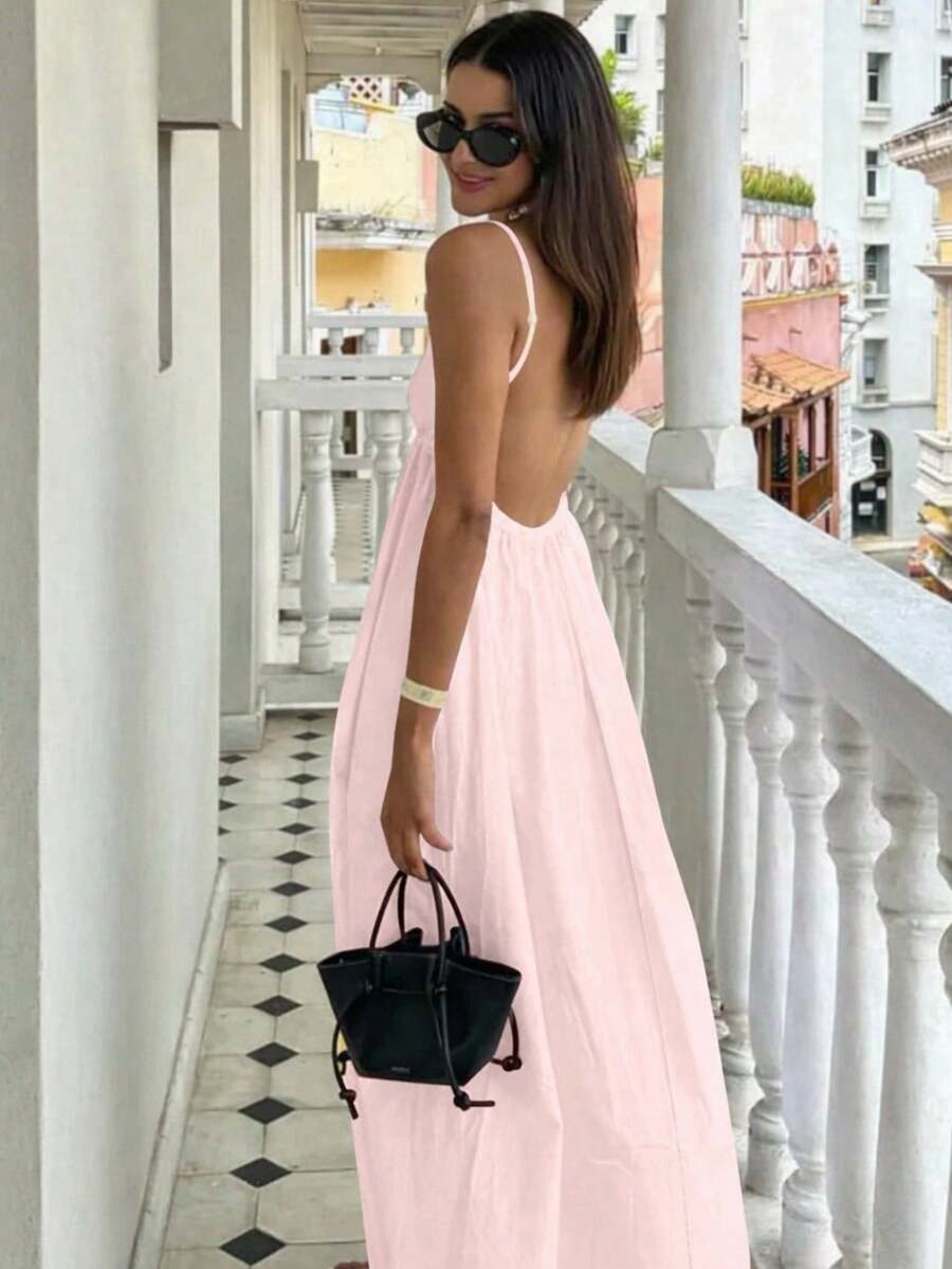 INAWLY 女士度假休闲纯色露背吊带连衣裙 - 粉色 - 查看 1