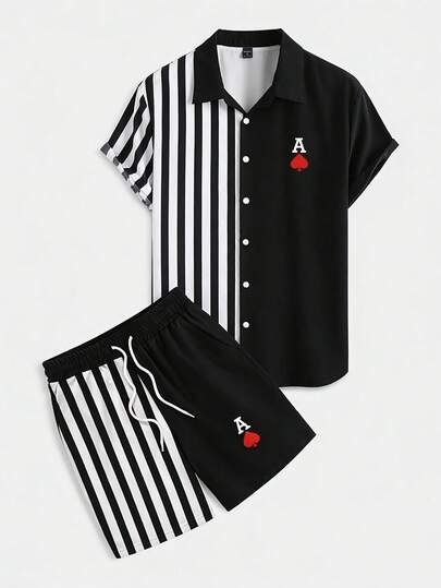 Manfinity LEGND Men's Black & Red Striped Poker A Print Short Sleeve Shirt Set, Mature Streetwear Casual Shorts Two Pieces, Mature Streetwear Casual Short Sleeve Shirt + Shorts Two Pieces, Men's Poker Print Striped Shirt Set, Mature Streetwear Casual Short Sleeve Shorts Two Pieces, Casual Daily Outfit
