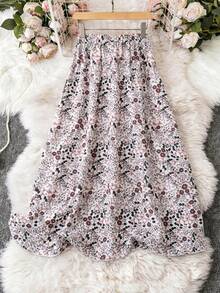 GlowEve 优雅休闲碎花喇叭裙，适合日常、夏季和度假穿着 - 卡其色 - 查看 4