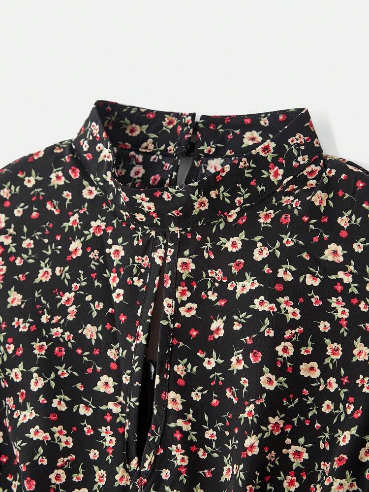 Black Floral Print Vintage Style Fitted Woven Dress With High Neck Elegant Dress Office Outfits For Women Black Floral Dress French Style Dress Autumn Dress Vacation Dress