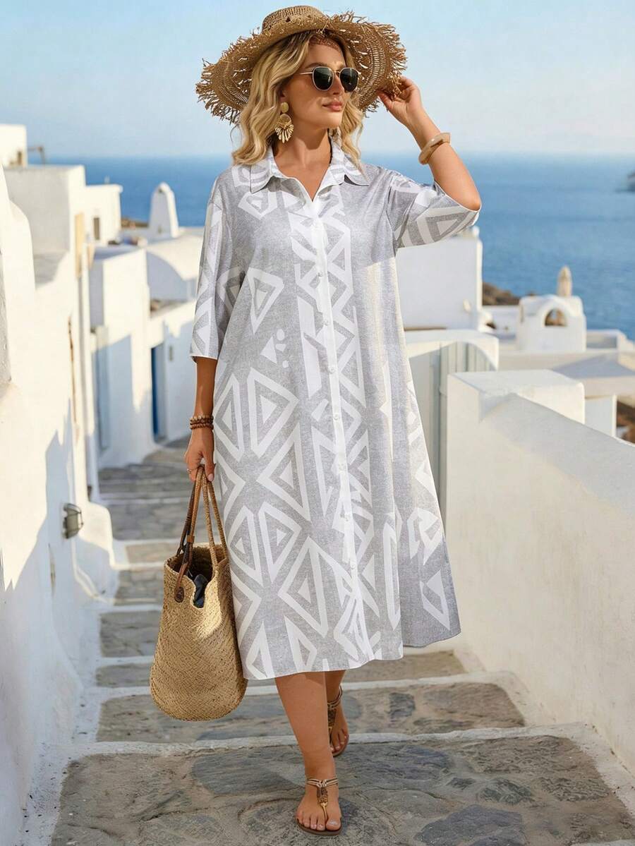 Linhara CURVE 大码女式开衫连衣裙，适合度假和通勤，女士夏季连衣裙，女士连衣裙，女士假日连衣裙 - 白色 - 查看 1