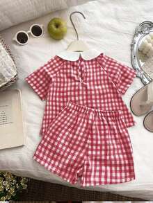 SHEIN Vintaside Kids 2件套女婴新生儿春夏优雅公主风白色绿色彼得潘领荷叶边上衣+短裤套装 - 紅色 - 查看 3