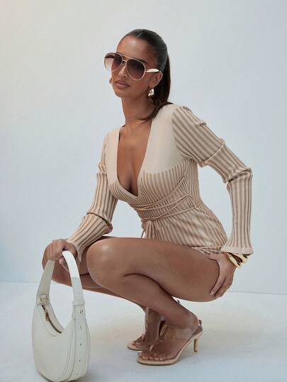 Hauture Long Sleeve Plunge Strappy Waist Playsuit In Contrast Stone Knit, Wide Ribbed, Deep Neck Plunge Bodysuit Style Outfit, Comfortable Layering Piece, Body Shaping Outfit For Women, Casual Office Styling Outfit