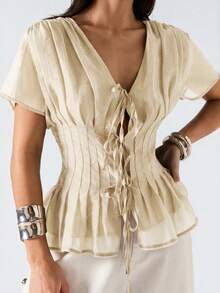 LYSMO 2026新款简约春季女式米色系带褶皱休闲百搭短袖衬衫，适合夏季/春季/度假/派对穿着 - 米色 - 查看 3