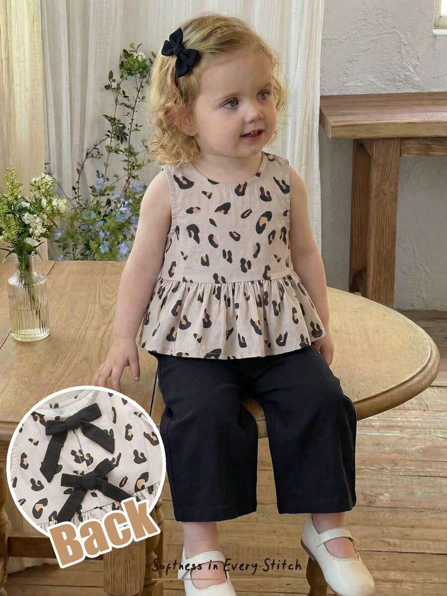 Cozy Pixies Baby Girl Heart Pattern Knit Soft Round Neck Sleeveless Vest And Elastic Waist Pants 2 Pieces Set - Black - View 1