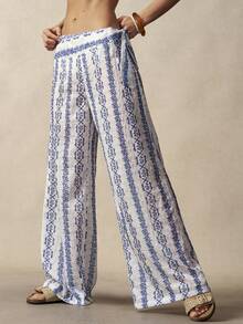 Bohemela 女士休闲宽松梭织裤，适合度假穿着 - 藍白色 - 查看 6
