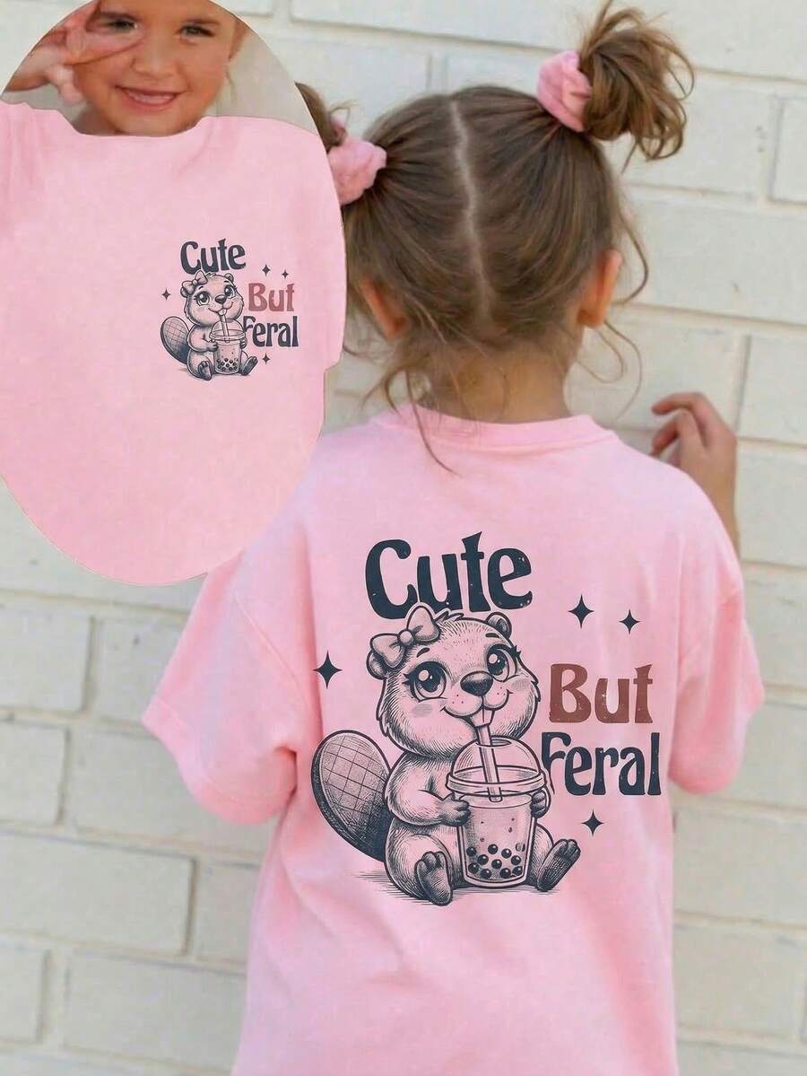 女童圆领卡通字母印花休闲百搭日常短袖T恤 - 粉色 - 查看 1