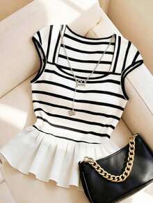 SHEIN Clasi Damen Große Größen elegantes Sommer Retro Schwarz-Weiß gestreiftes Kurzarm Strickoberteil, formell leicht lässig Patchwork minimalistisch Pendeln süßes Top - Schwarz und Weiss - Übersicht 1