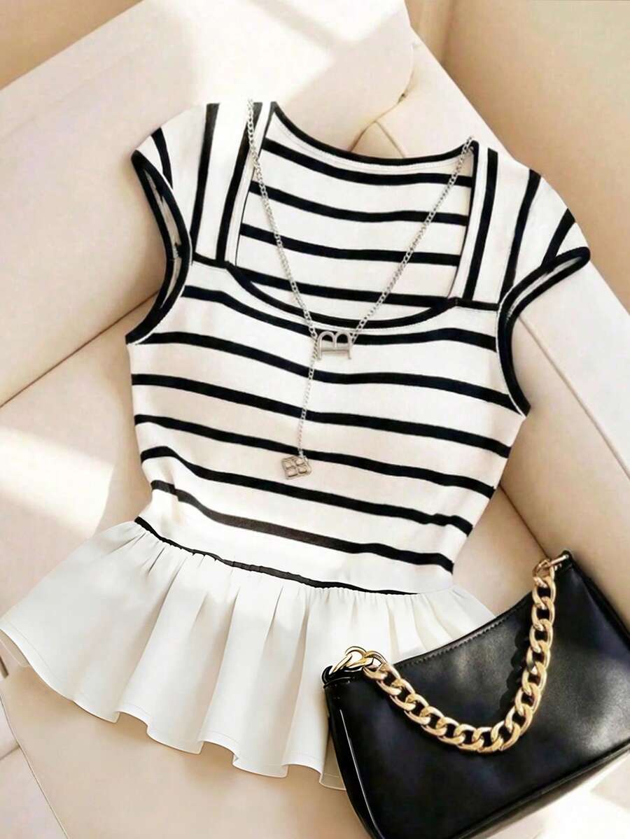 SHEIN Clasi Damen Große Größen elegantes Sommer Retro Schwarz-Weiß gestreiftes Kurzarm Strickoberteil, formell leicht lässig Patchwork minimalistisch Pendeln süßes Top - Schwarz und Weiss - Übersicht 1