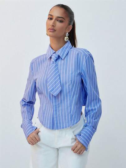 Hauture Women's Office Chic Old Money Style Cropped Striped Shirt With Tie, Old Money Style, Sophisticated Cropped Shirt, Perfect For Summer Office Outing, Desk To Dinner, Minimalist Office Chic Styling Piece, Corporate Chic