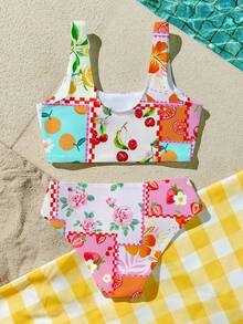 热带水果印花少女休闲吊带背心和三角比基尼泳衣套装，海滩度假风，#椰子女孩 - 彩色 - 查看 4