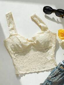 Comfortcana 女士夏季浅黄色修身荷叶边蕾丝吊带衫 - 淡黃色 - 查看 5