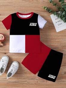 2件套男婴时尚简约“KING”字母撞色印花圆领短袖T恤搭配红色撞色短裤，适合夏季外出，创意印花T恤套装 - 彩色 - 查看 5