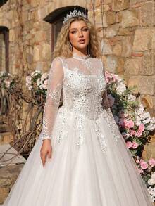 Glamrae Váy cưới cỡ lớn sang trọng, thanh lịch, lãng mạn với chất liệu ren phối nhiều mảnh, tay áo xuyên thấu, eo kiểu Basque, chân váy phồng có cấu trúc, kiểu dáng dài vừa vặn. - trắng - Xem 6