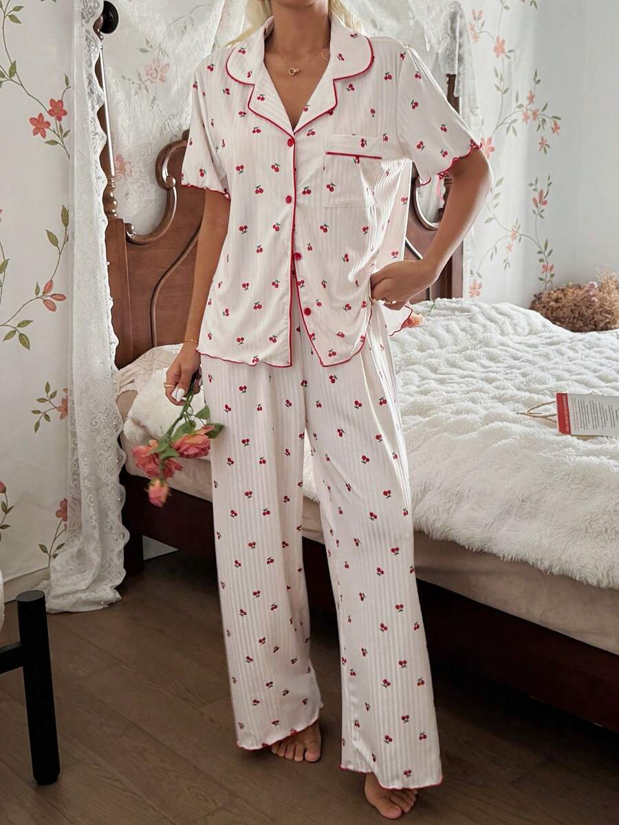 CottageSlumber 女士针织樱桃印花纽扣装饰短袖睡衣套装 - 彩色 - 查看 1