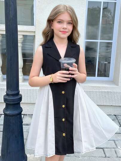 Young Girls' Summer New Elegant Sleeveless Dress, Black & White Color Block, Shirt Collar Vest Splicing Pleated Skirt, Suitable For Daily, Party, Aristocratic Style