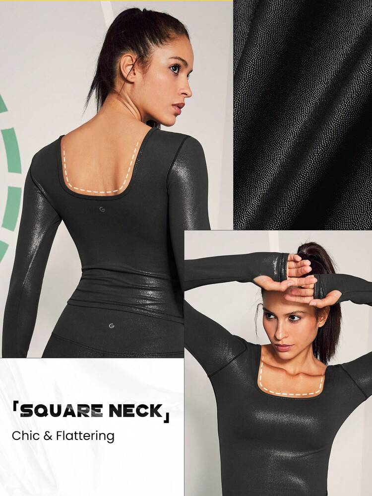 Foiled Leather Effect Slimfit Square Neck Long sleeve Shirt Active Top With Thumbhole