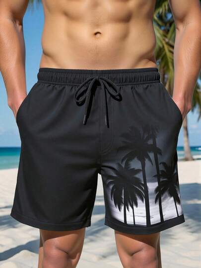 Manfinity Swimmode Pantalones cortos de playa casuales con cintura elástica y cordón, bolsillos, versátiles para el verano, talla grande para hombres