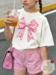 Tween Girl Summer White Cute School T-Shirt,Fashion Creative Sequin Bow Decor Graphic Print Basic Short Sleeve Tee,Refreshing Minimalist Daily Wear - White - View 3