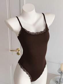 Comfortcana Bodysuit Wanita Motif Renda Patchwork Kasual Serbaguna untuk Pemakaian Sehari-hari - Coklat - View 7