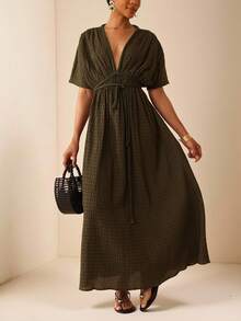 Vesra Women's V-Neck Loose Vacation Beach Green Dress With Drawstring, New For Spring/Summer - Army Green - View 1