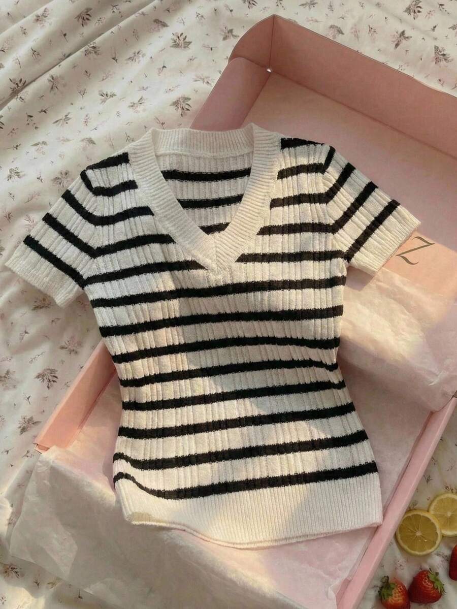 CovetEZ Women's V-Neck Striped Casual Versatile Daily Wear Knit Short Sleeve Top 2026 New Summer Sweet And Casual Striped Caneluri Short-Sleeve Slim V-Neck Knit Top, Summer Women's Short Sleeve Tops Women's Tops For Summer - Black and White - View 1