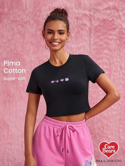  GLOWMODE X Care Bears™ Pima Cotton thêu Slim Fit Áo thun crop top thường ngày