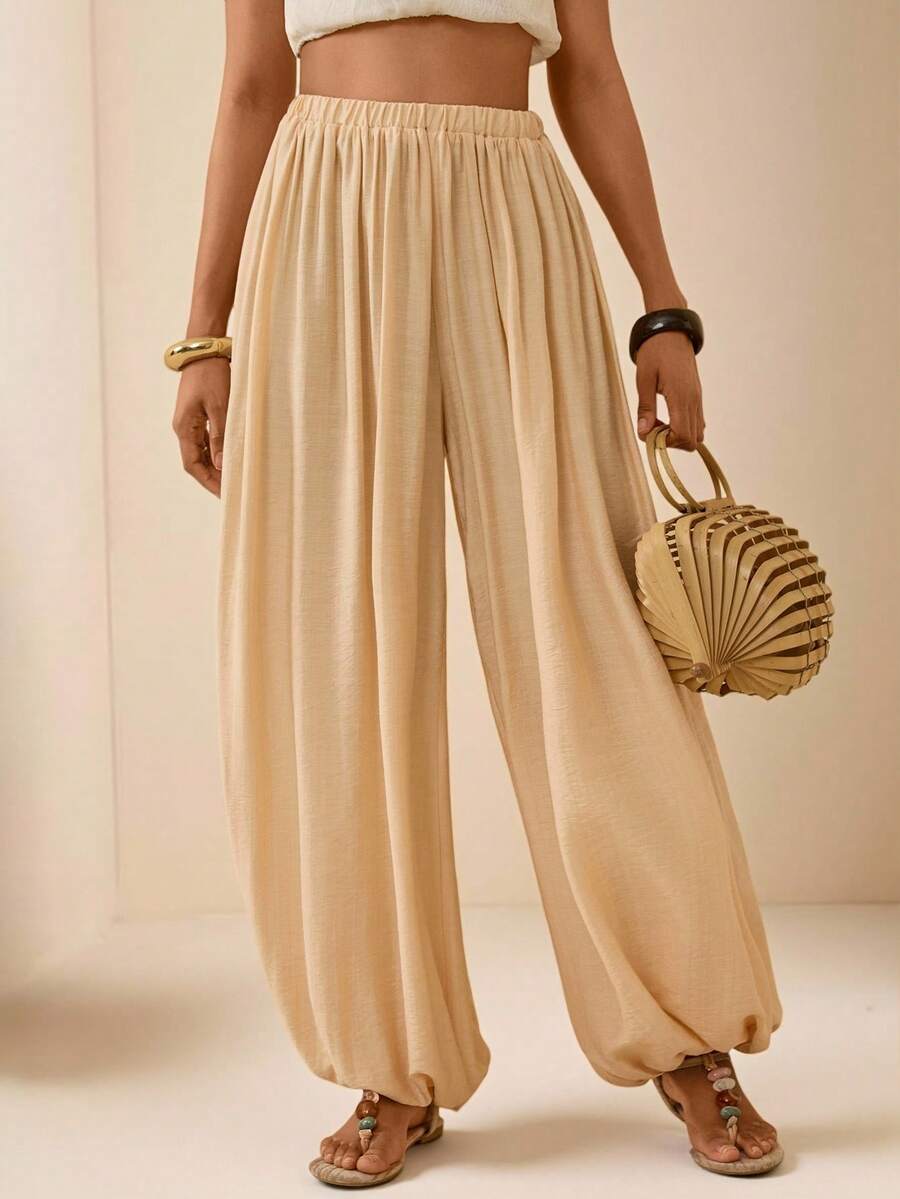 Vesra Women's Solid Color Pleated Casual Versatile Daily Wear Lantern Pants - Apricot - View 1