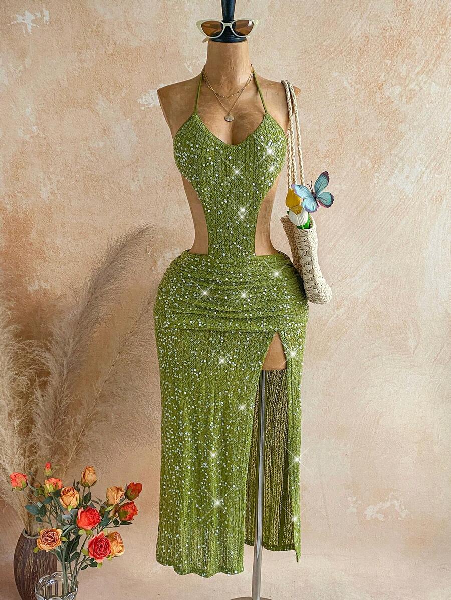 Soleia Women's Vacation Beach Golf Sequin High Slit Backless Halter Dress Luxury Dresses For Women Pastal Summer Sexy - Green - View 1
