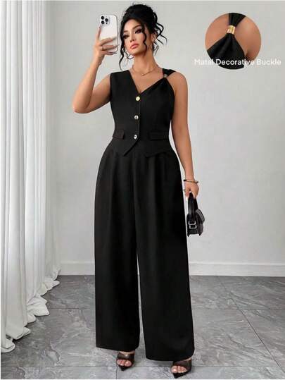 Elenzga Conjunto de 2 piezas de mujer talla grande con top asimétrico sin mangas con decoración metálica y pantalón recto, para primavera/verano