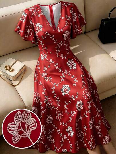 GlowEve CURVE 大码碎花V领修身显瘦夏季连衣裙，适合狂欢节、派对、情人节等场合。