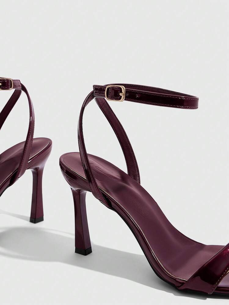 CUCCOO SZL Women Shoes Spring And Summer New Burgundy Mirror Ankle Strap Women's High Heel Sandals Stylish Simple Comfortable Versatile Sexy Party Banquet Women's Sandals Prom Heels