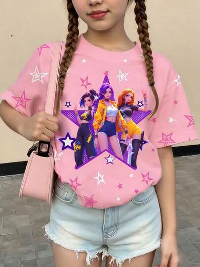 1 pieza Blusa holgada con estampado de corazón morado de grupo de chicas K-pop, adecuada para primavera, verano, otoño e invierno, gran regalo para niñas