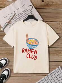 少女拉面印花短袖T恤，休闲舒适，适合春夏穿着，百搭街头风，适合户外活动、野餐、摄影、居家、上学、节日庆典等场合，也是馈赠佳品。 - 白色 - 查看 3