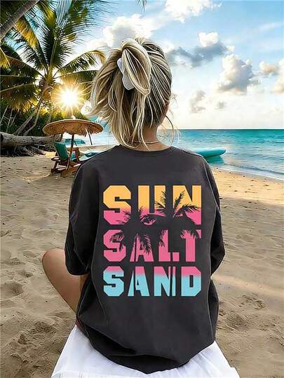 少女休闲椰树印花短袖上衣，舒适沙滩风，适合春夏穿着，用途广泛，可用于户外、运动、摄影、居家、上学、度假等场合，也是一份贴心的礼物。