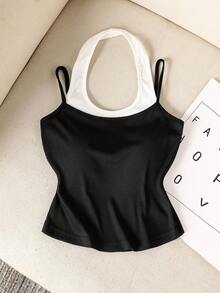 Squishy Tween Girls Black And White 2 In 1 Style Tank Top,Fitted Summer Basic School Casual Everyday Short-Sleeved Top For Girls Outings - Black and White - View 1