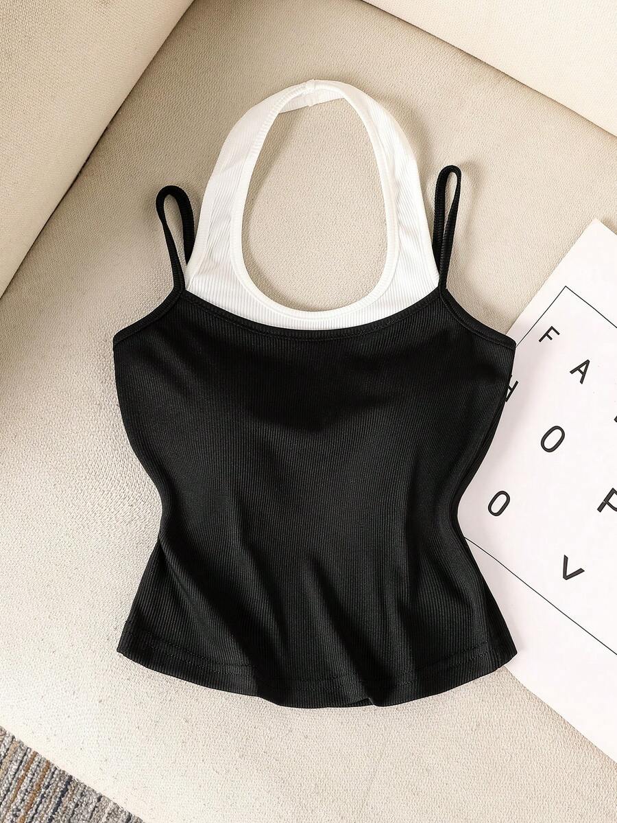 Squishy Tween Girls Black And White 2 In 1 Style Tank Top,Fitted Summer Basic School Casual Everyday Short-Sleeved Top For Girls Outings - Black and White - View 1