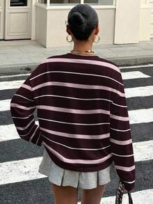 Muchica Casual Retro Colorblock Striped Mini Horse Logo Print Loose Fit Round Neck Long Sleeve T-Shirt, Suitable For Spring - Multicolor - View 2