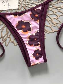 Swim Mod 2026 Spring/Summer Women's Solid Color Drawstring Halter Leopard Print Random Floral Beach Shell Decor Side Tie High Cut Thong Sexy Bikini Set Set - Multicolor - View 4