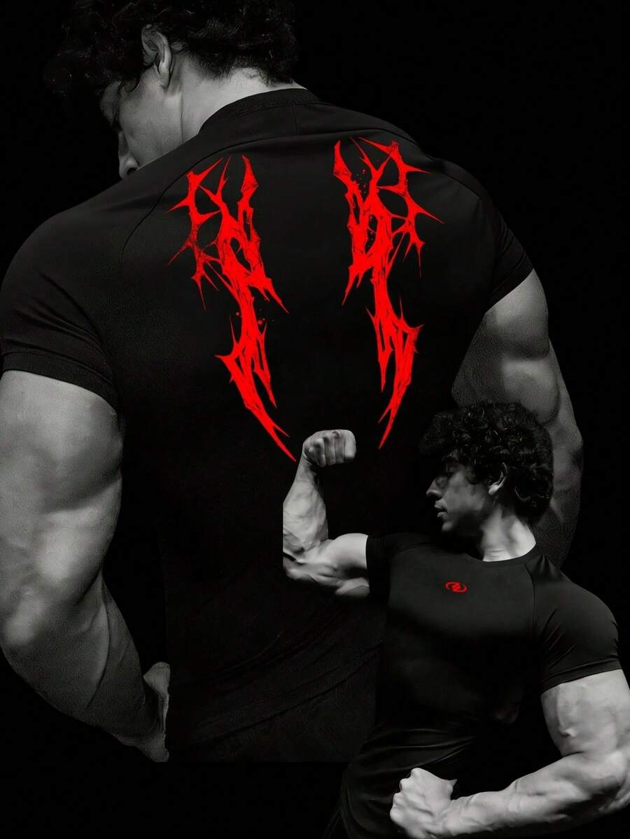 RISE LYT 男士哥特印花休闲健身运动T恤 - 黑色 - 查看 1