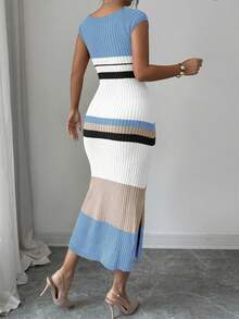 Elenzga Women's Spring/Summer New U-Neck Fitted Mid-Length Hem Slit Half Sleeve Elegant High-End Knit Dress, Striped Design, Versatile Lady Style - Multicolor - View 2