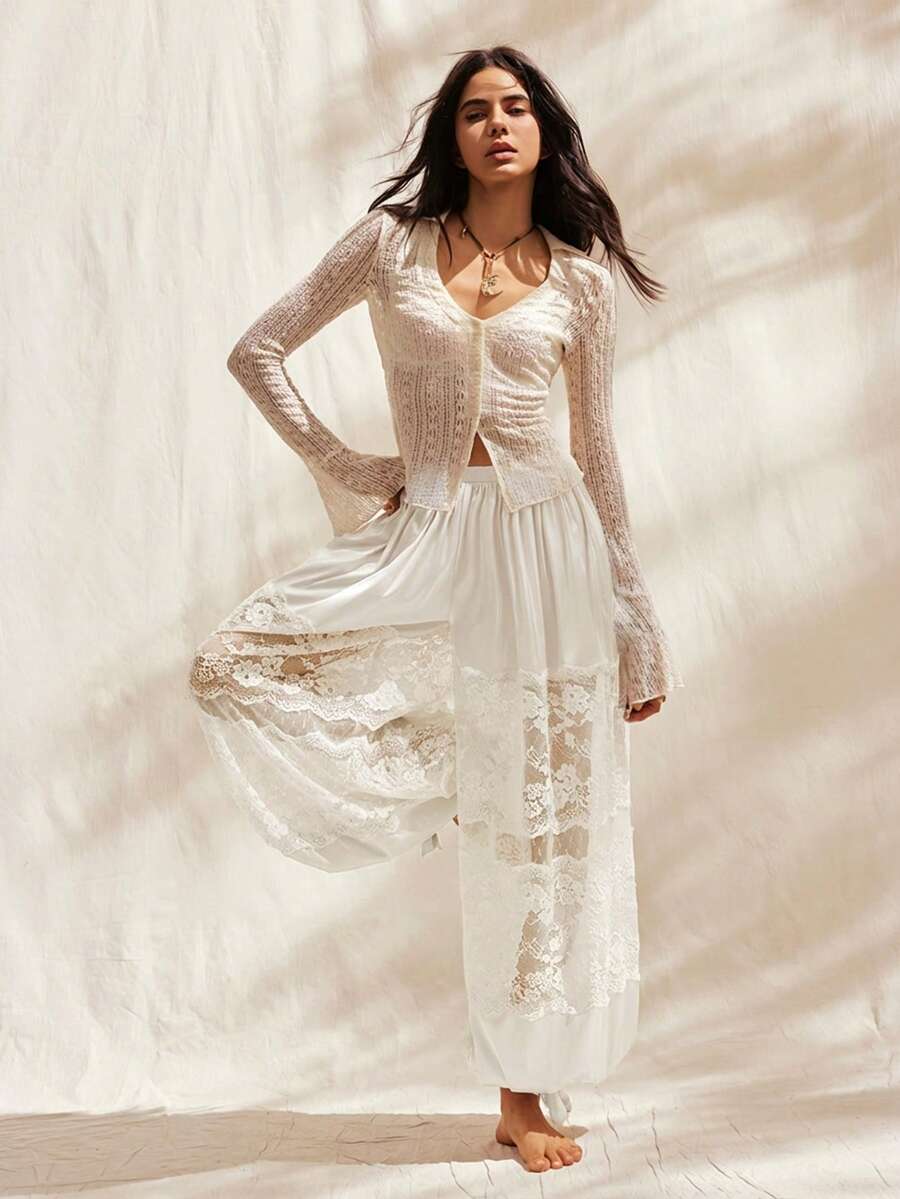 Easelle 复古低腰白色蕾丝拼接镂空透视浪漫女士长裤 - 白色 - 查看 1