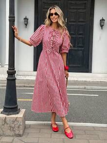 Pariaura 女士格子系带休闲约会派对连衣裙 - 紅色 - 查看 5