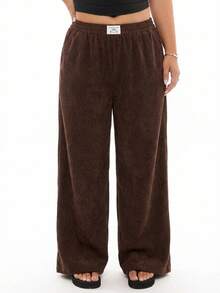 SHEIN EZwear 大码女式灯芯绒高腰阔腿裤，带口袋和贴片设计，适合学校、日常生活和室内工作，秋冬季 - 咖啡棕 - 查看 2