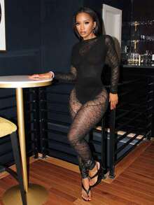 BamGleam Conjunto de top de manga larga y pantalones de malla sexy y de moda para mujer - Negro - Ver 6