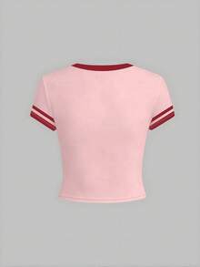 1pc Tween Girl Cute Fitted Short Sleeve Round Neck Butterfly Print T-Shirt, Contrast Color Trim. Adorable T-Shirt, Suitable For Tween Girl - Pink - View 2