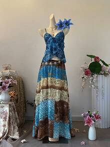 SuriyaCove 女士低领荷叶边腰果印花吊带衫 - 藍色 - 查看 1