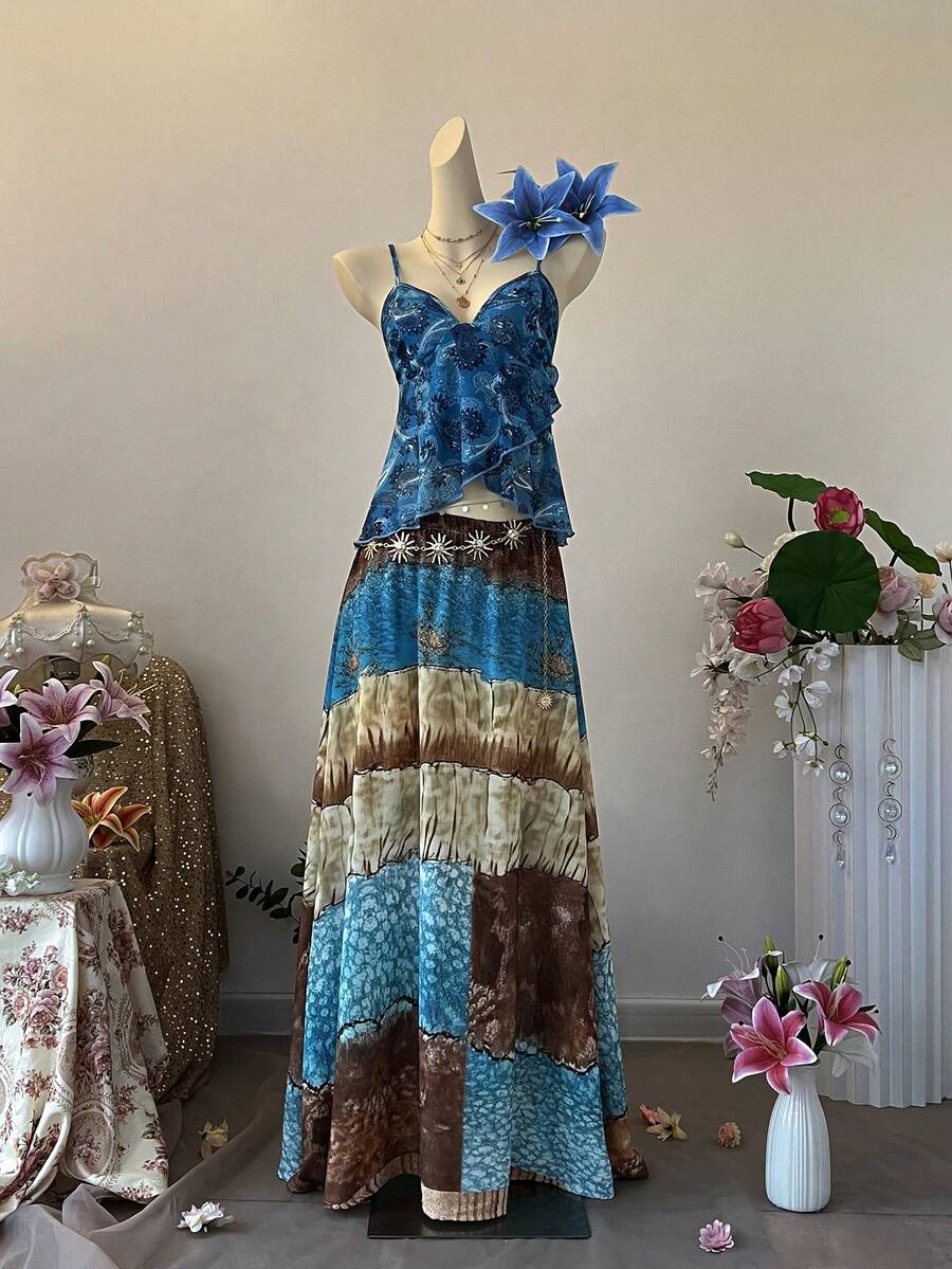 SuriyaCove 女士低领荷叶边腰果印花吊带衫 - 藍色 - 查看 1